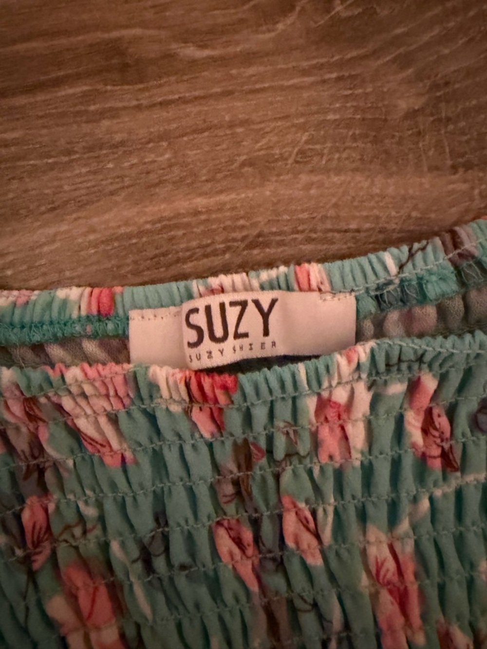Floral Smocked Puff Sleeve Dress - Light Aqua with Coral Flowers - Picture 3 of 4